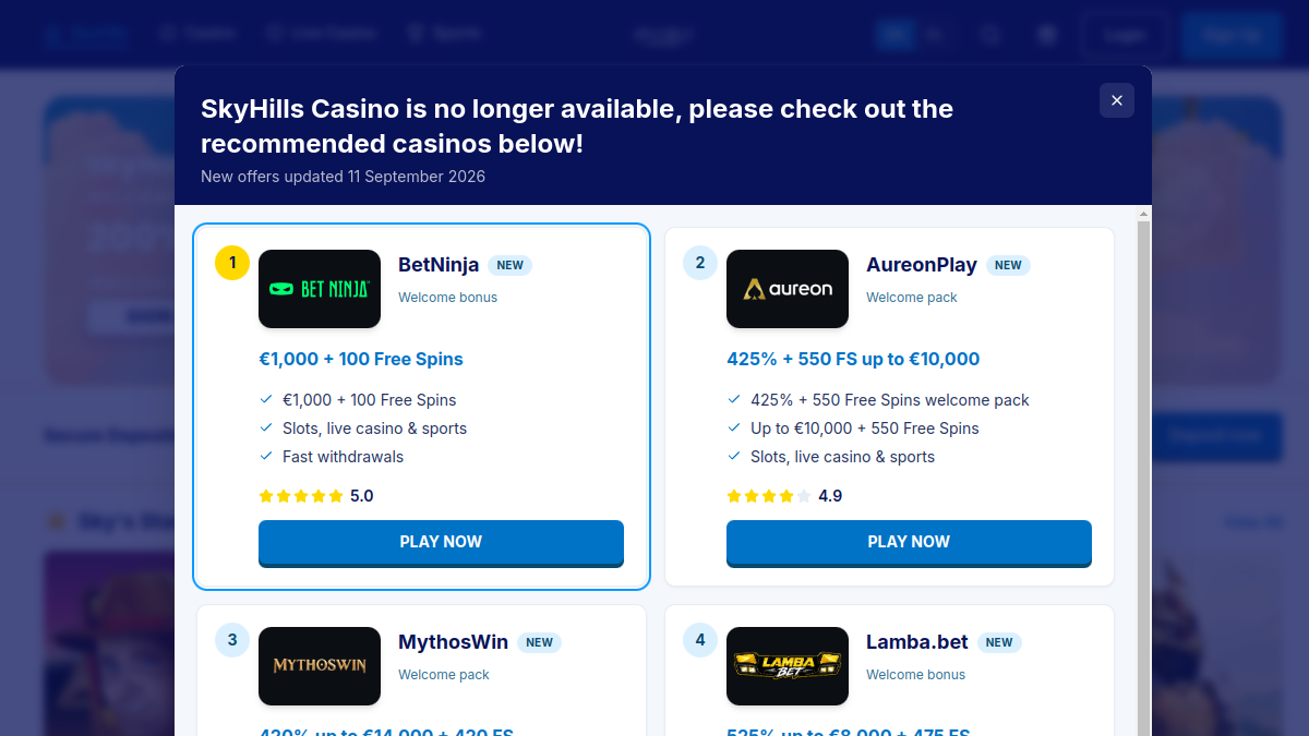 Skyhills Casino bonus hero image